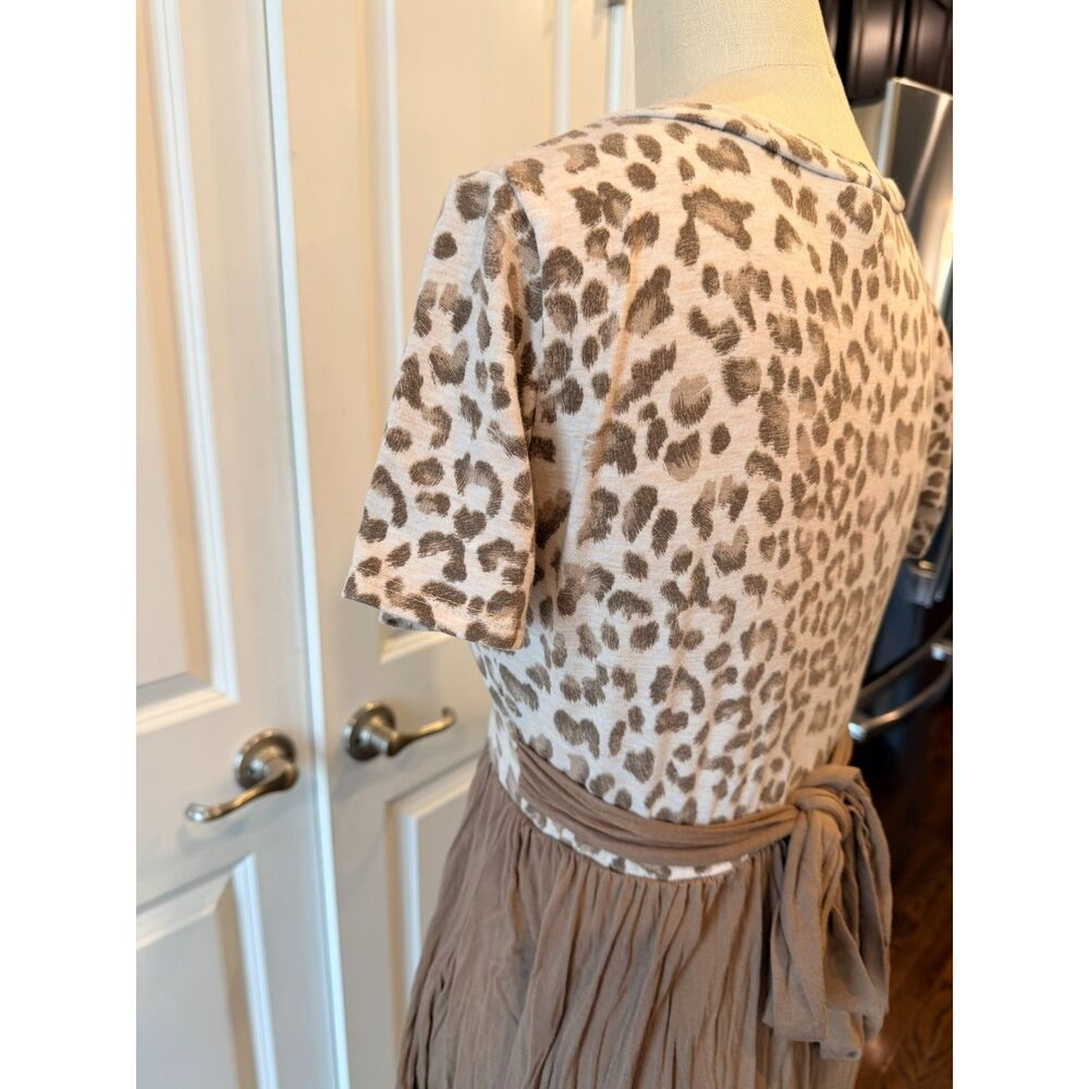 Leopard Print Midi Dress Boho Tie Waist Pleated Skirt Fall S - Picture 5 of 13